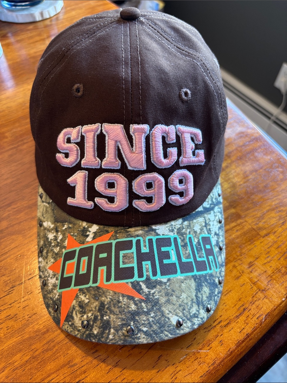 Coachella Hat -  Since 1999 brown, pink, and Camouflage Baseball Cap